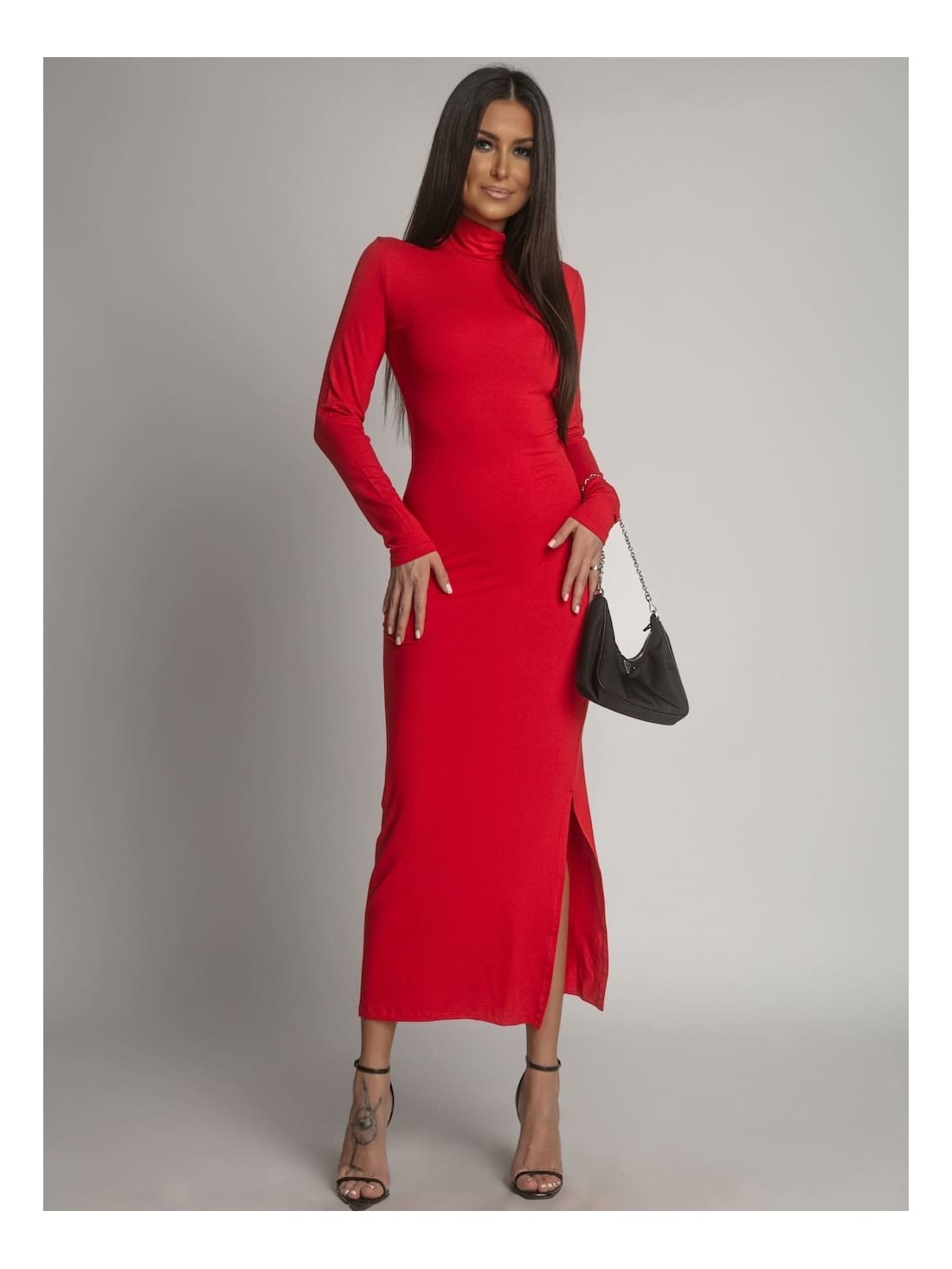 Smooth long-sleeved turtleneck dress, red FG678